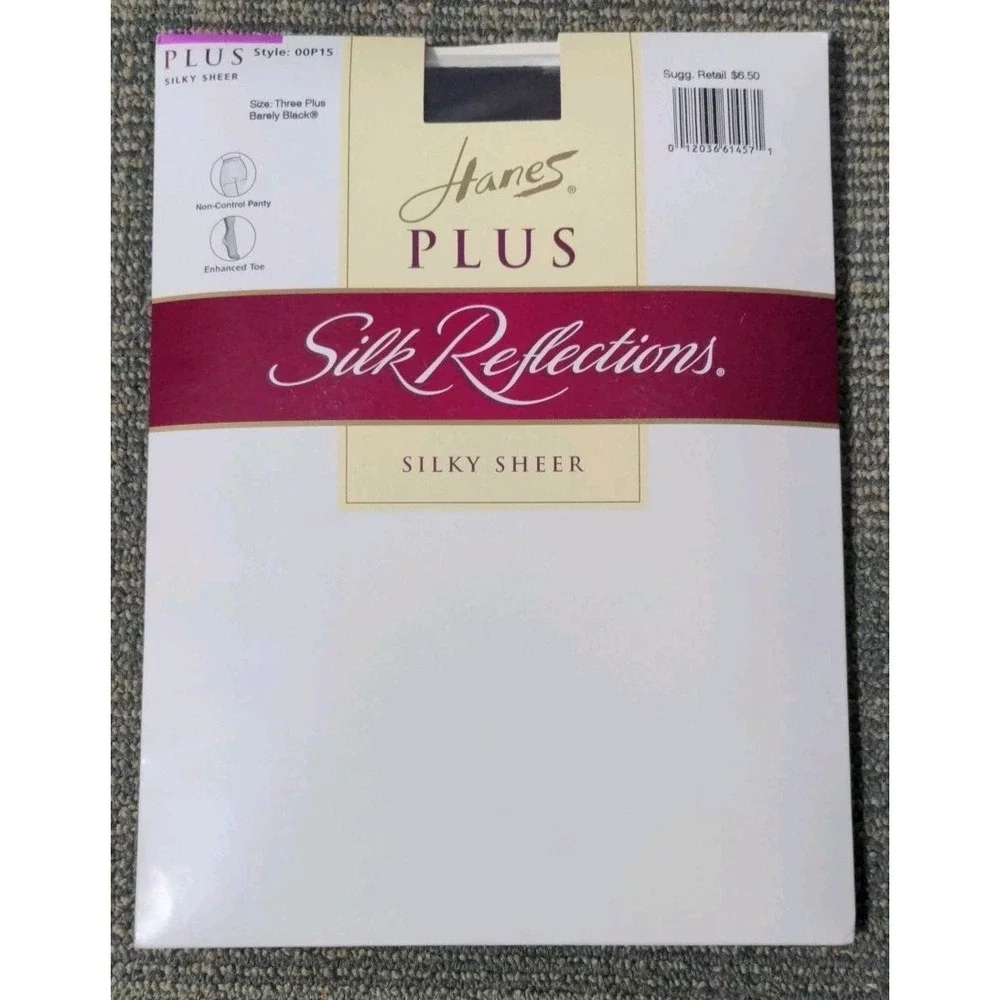 Vtg Hanes 3 Plus Pantyhose‎ Silk Reflections Barely Black Enhanced Toe
